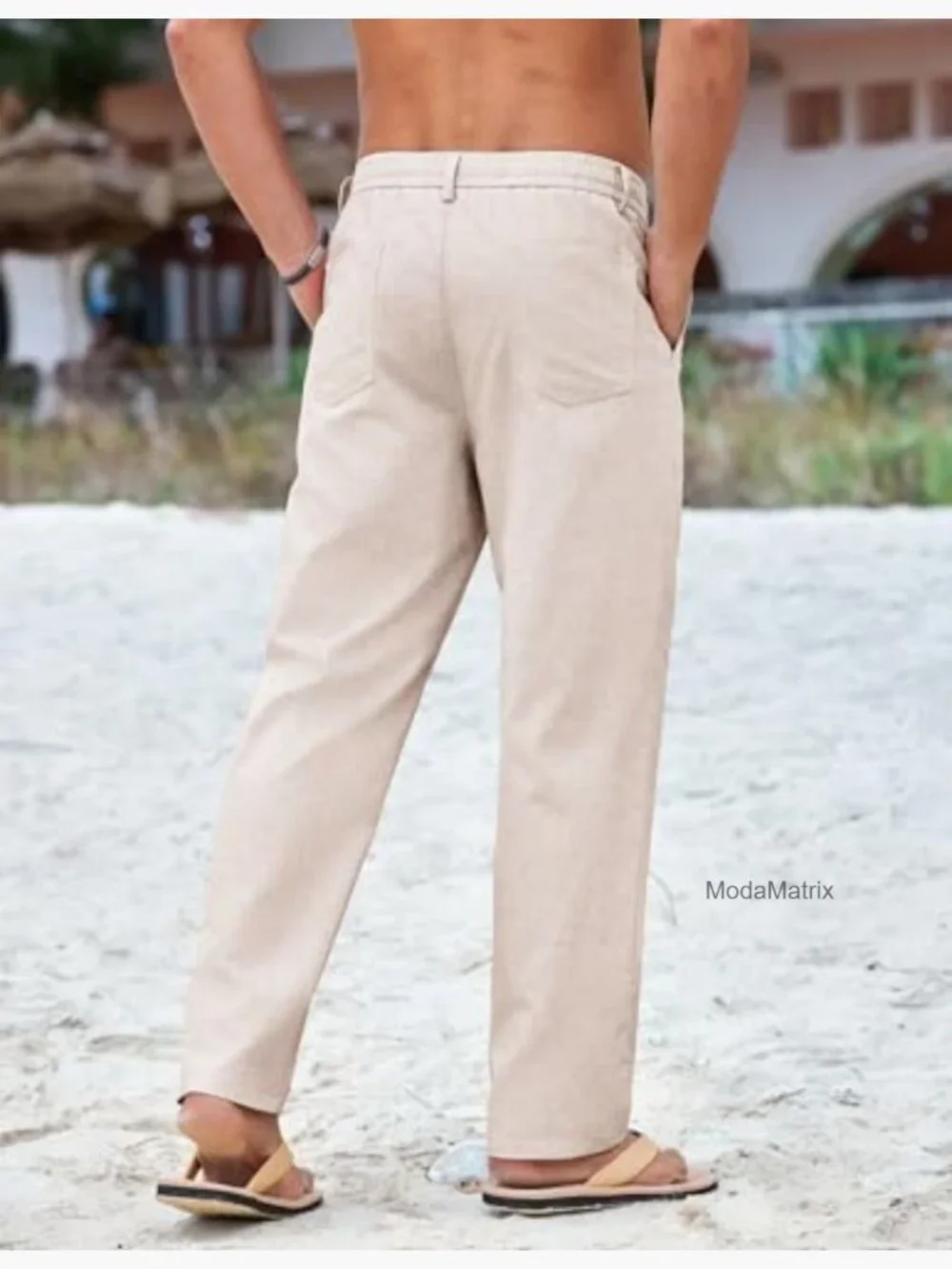 Mens Cotton Linen Drawstring Summer Beach Pants Casual Dress Trousers